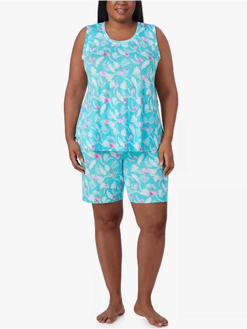 Ellen Tracy Plus Size Sleeveless Bermuda Pajama Set Turqoise with Pink Flamingos